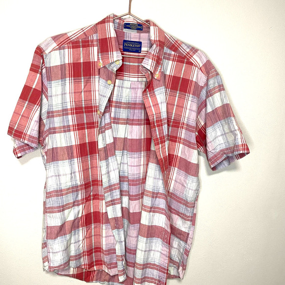 Pendleton Oceanside Short Sleeve Button Down Red Pink Plaid Shirt Size Large - Picture 6 of 9
